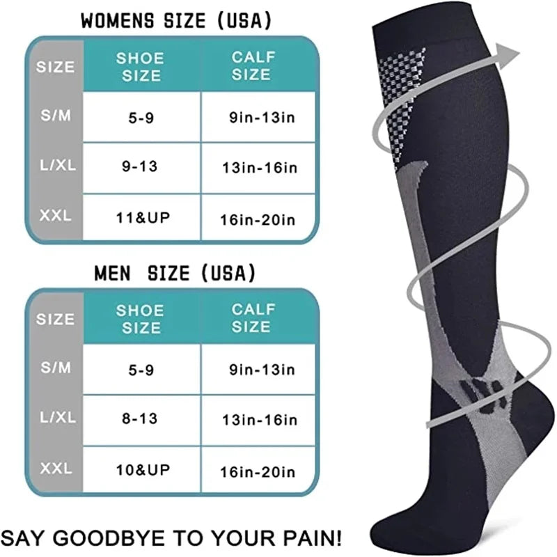 Black Showlu Fashion Store compression socks for men and women, athletic football sport socks with anti-fatigue and pain relief features.