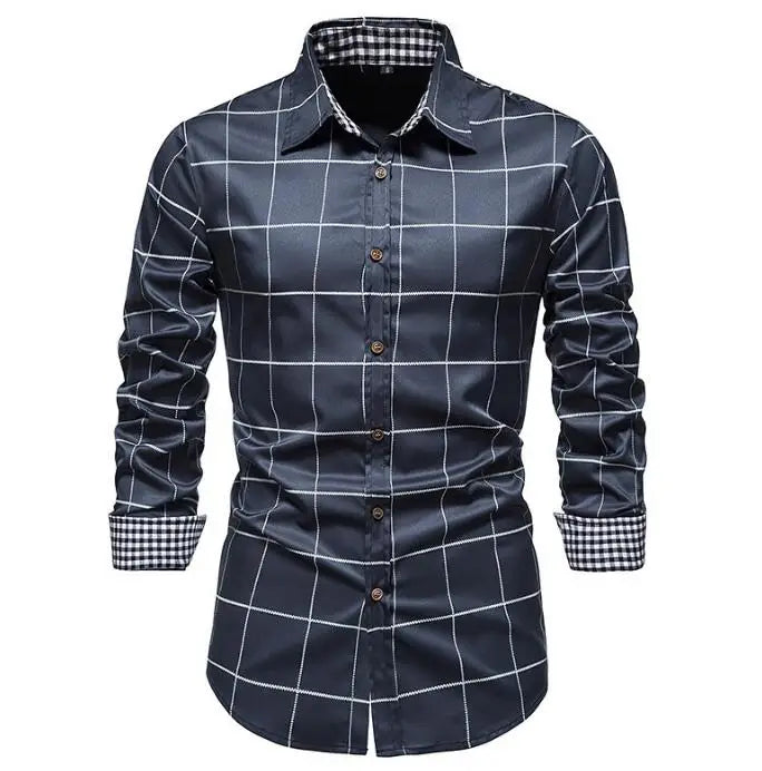 Men's plaid long sleeve casual shirt by Showlu Fashion, made of cotton blend, featuring a stylish button-up design.