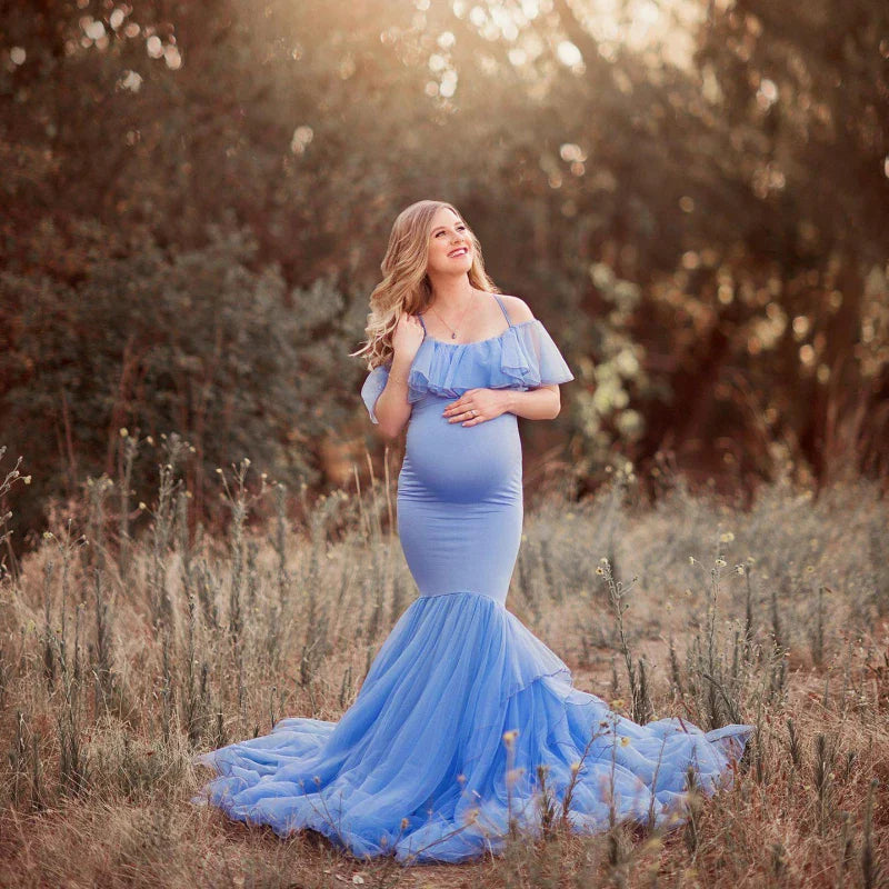 Off-shoulder Kacakid Mermaid Maternity Gown in chiffon, perfect for photography sessions, by SHOWLU FASHION STORE.