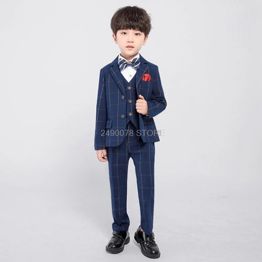 Flower Boys Formal Wedding Suit Kids England Style Blazer+Pant+Waistcoat 4Pcs Suit for Boys Kids Party Host Costume