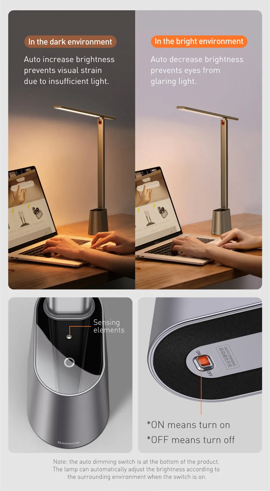 Rechargeable Baseus Smart Desk Lamp with adjustable arm and LED lighting, perfect for reading or working at a modern desk.