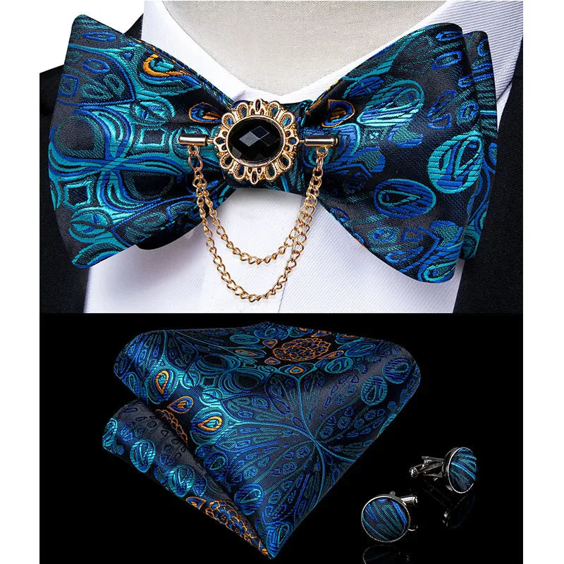 SHOWLU FASHION STORE pink plaid silk self-tie bow tie set with brooch and matching hanky, elegant and stylish for formal wear