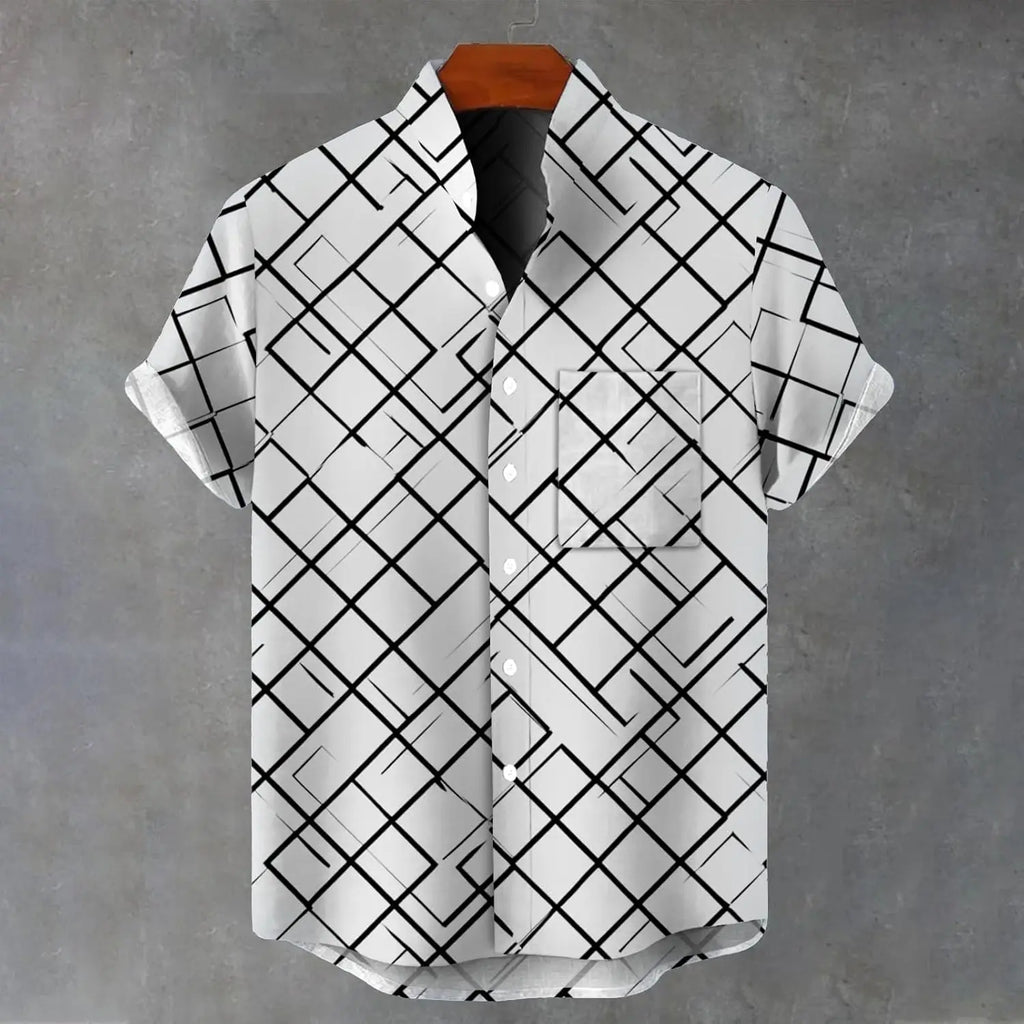 Men's casual short sleeve button-down shirt with abstract geometric print, mandarin collar, pocket, loose fit, in polyester fabric.