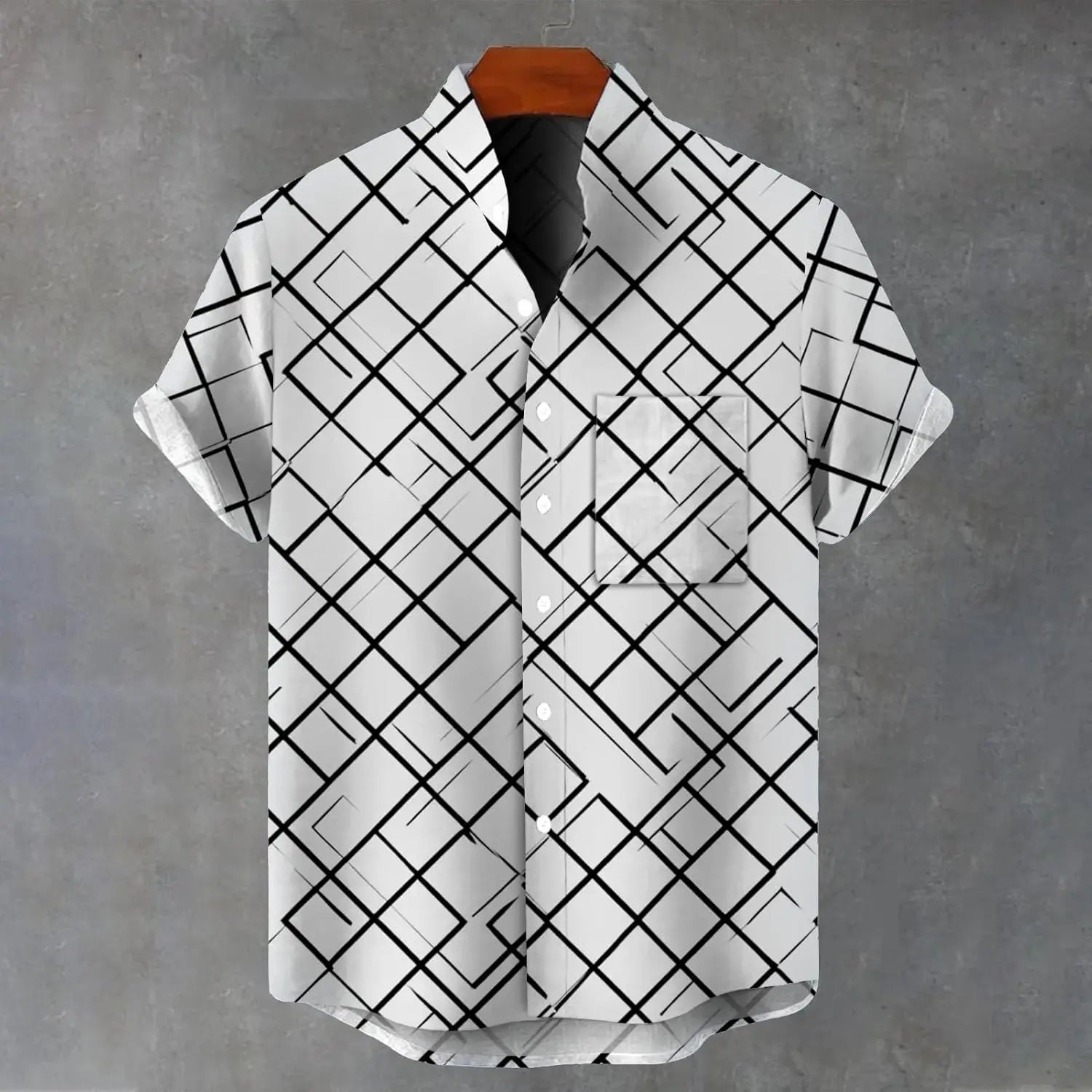 Men's casual short sleeve button-down shirt with abstract geometric print, mandarin collar, pocket, loose fit, in polyester fabric.