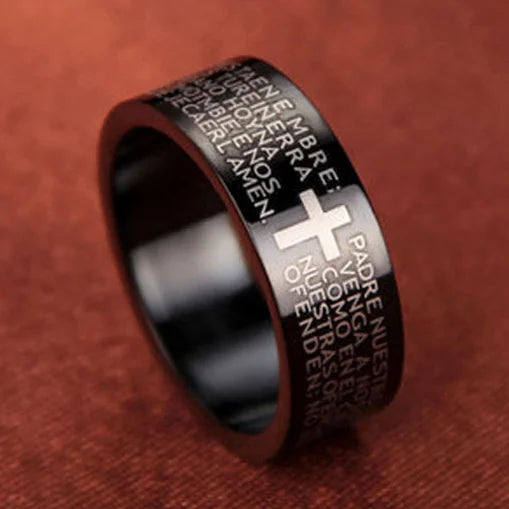 Mango Sky Titanium Steel Christian Cross Bible Ring, 8mm unisex band with detailed cross design, showcasing its sleek, durable style.