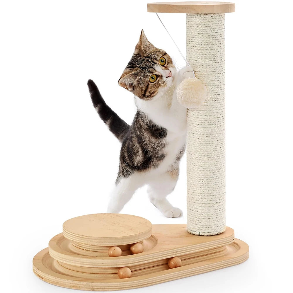 Polygon 2-Level Solid Pine Wood Cat Scratching Tree with sisal toy, modern design for cats to scratch and play.