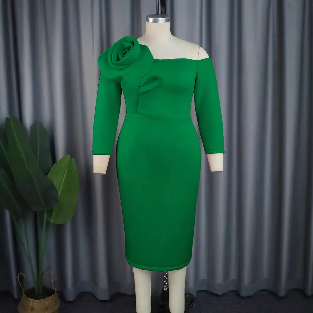 Showlu Fashion women's plus size V-neck 3D lace midi bodycon dress displayed on a model, highlighting elegant design and fit.
