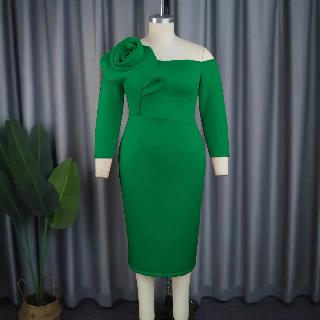 Showlu Fashion women's plus size V-neck 3D lace midi bodycon dress displayed on a model, highlighting elegant design and fit.