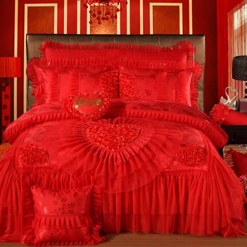 Red Jacquard Satin Cotton Bedding Set, Luxury Chinese Wedding Princess Heart-Shaped Lace Duvet Cover, Bed Sheet, Pillowcases