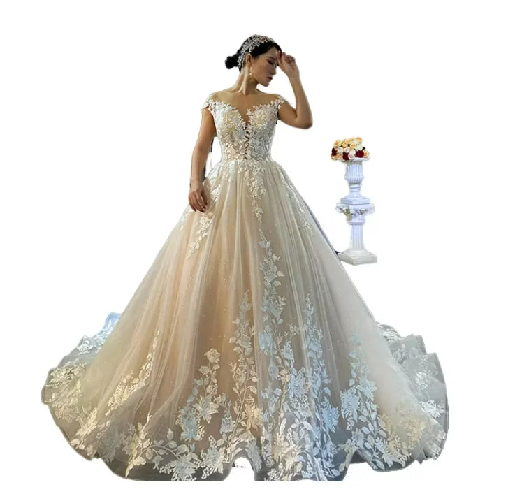 Spring Princess lace A-line wedding dress with long sleeves, featuring elegant floral details and a flowing bridal gown silhouette.