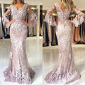 Pink Mother of the Bride Dresses for Weddings Lace Mermaid Prom Dresses V Neck Long Sleeves Elegant Evening Wear vestidos