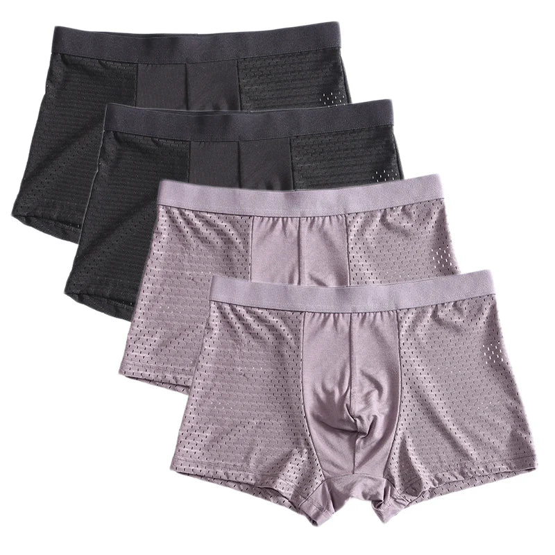 Men's bamboo fiber boxer shorts in a 4-pack, breathable plus-size underwear set, shown in a comfortable fit with soft fabric.