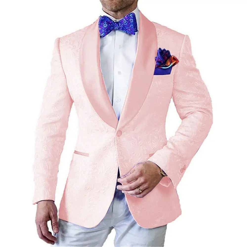 White jacquard tuxedo suit for men, slim fit 2-piece wedding tuxedo by SHOWLU FASHION STORE, shown on a hanger.
