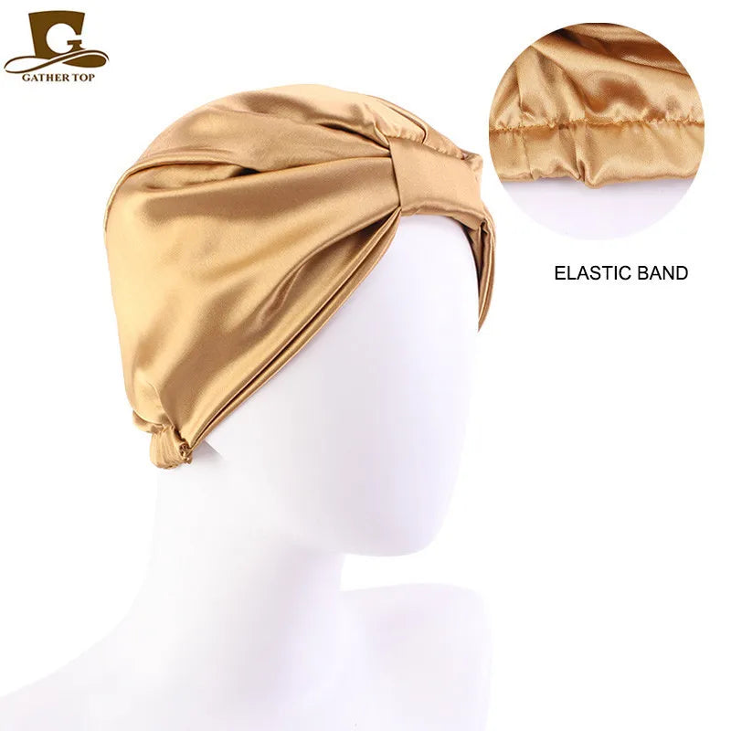 Silky satin silk sleeping bonnet cap for women with double layer knot design, ideal for hair protection and nursing.