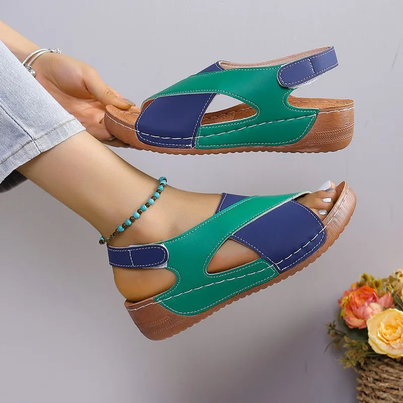 SHOWLU Women's cowhide leather wedge sandals with open toe design, perfect for summer casual wear.