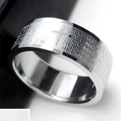 Titanium steel Christian cross Bible ring with 8mm unisex band, featuring a sleek design and religious symbol on a silver-colored ring.