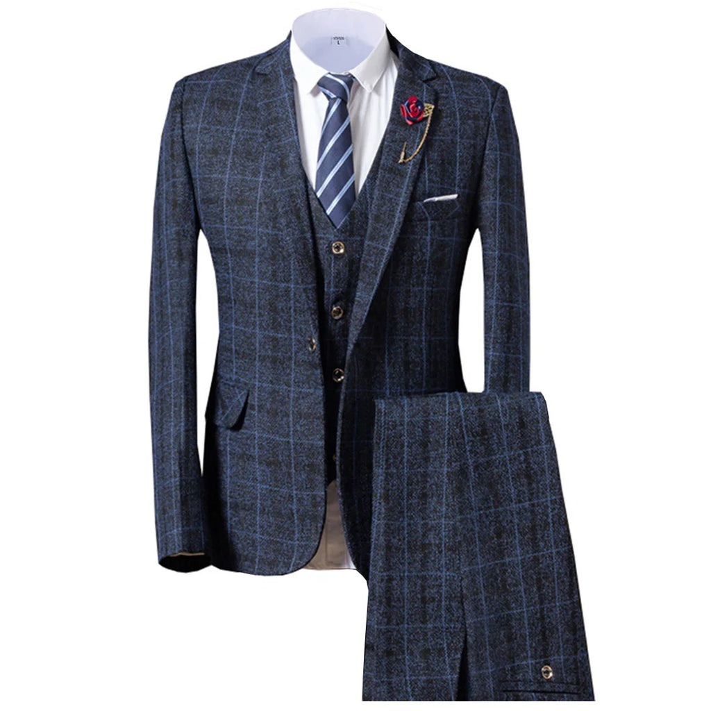 Grey/Brown Men's Suits 3 piece Plaid England Style Notched Lapel Business for Wedding Suits Men (Blazer+Vest+Pant)