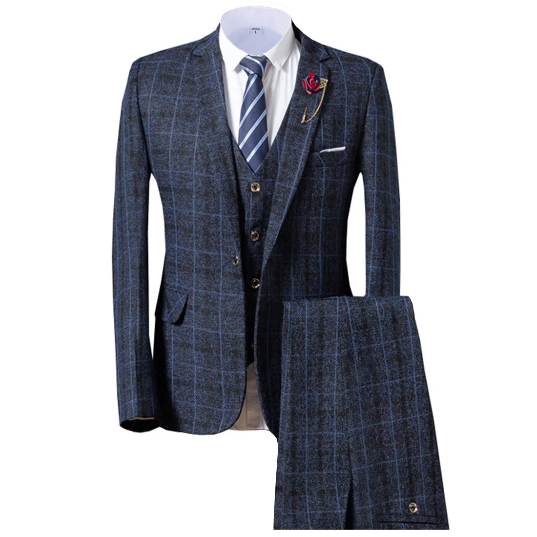 Grey/Brown Men's Suits 3 piece Plaid England Style Notched Lapel Business for Wedding Suits Men (Blazer+Vest+Pant)