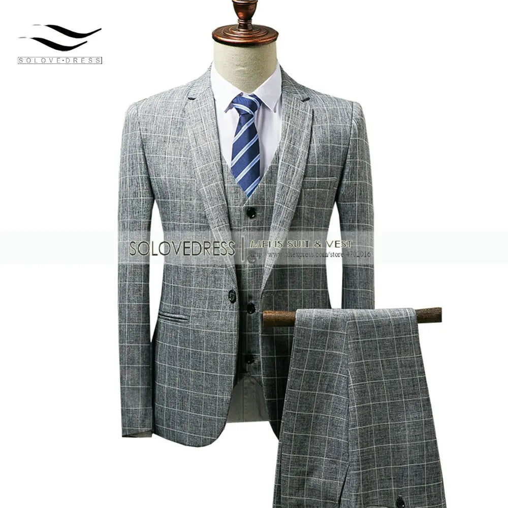Grey/Brown Men's Suits 3 piece Plaid England Style Notched Lapel Business for Wedding Suits Men (Blazer+Vest+Pant)