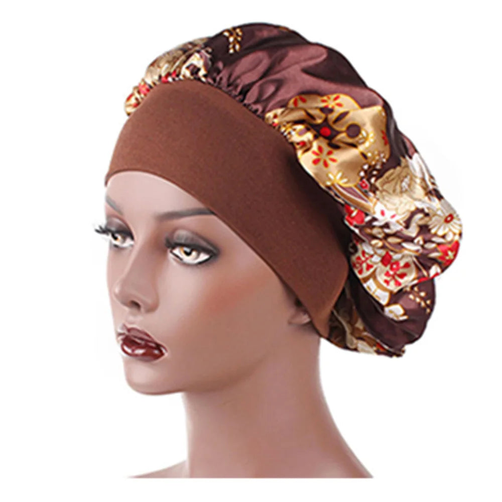 Elegant satin bonnet for women with elastic wide band, ideal for sleep, chemo hair loss, and hair care from Showlu Fashion Store.