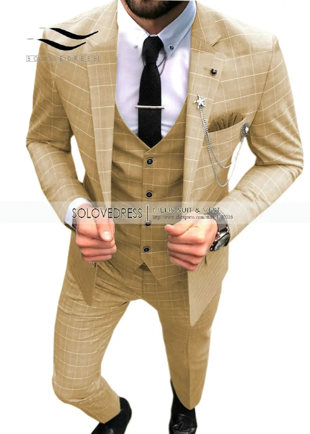 Elegant Men's Suit 3 Pieces Plaid Business Casual Notch Lapel Tuxedos Groomsmen Men Suits for Wedding(Blazer+vest+Pants)