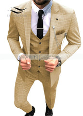 Elegant Men's Suit 3 Pieces Plaid Business Casual Notch Lapel Tuxedos Groomsmen Men Suits for Wedding(Blazer+vest+Pants)