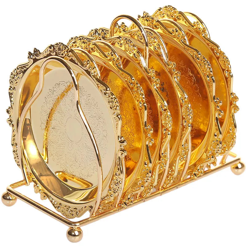 Six classical golden metal cocktail coasters with vintage zinc alloy and silver and gold plating, perfect for elegant table settings.