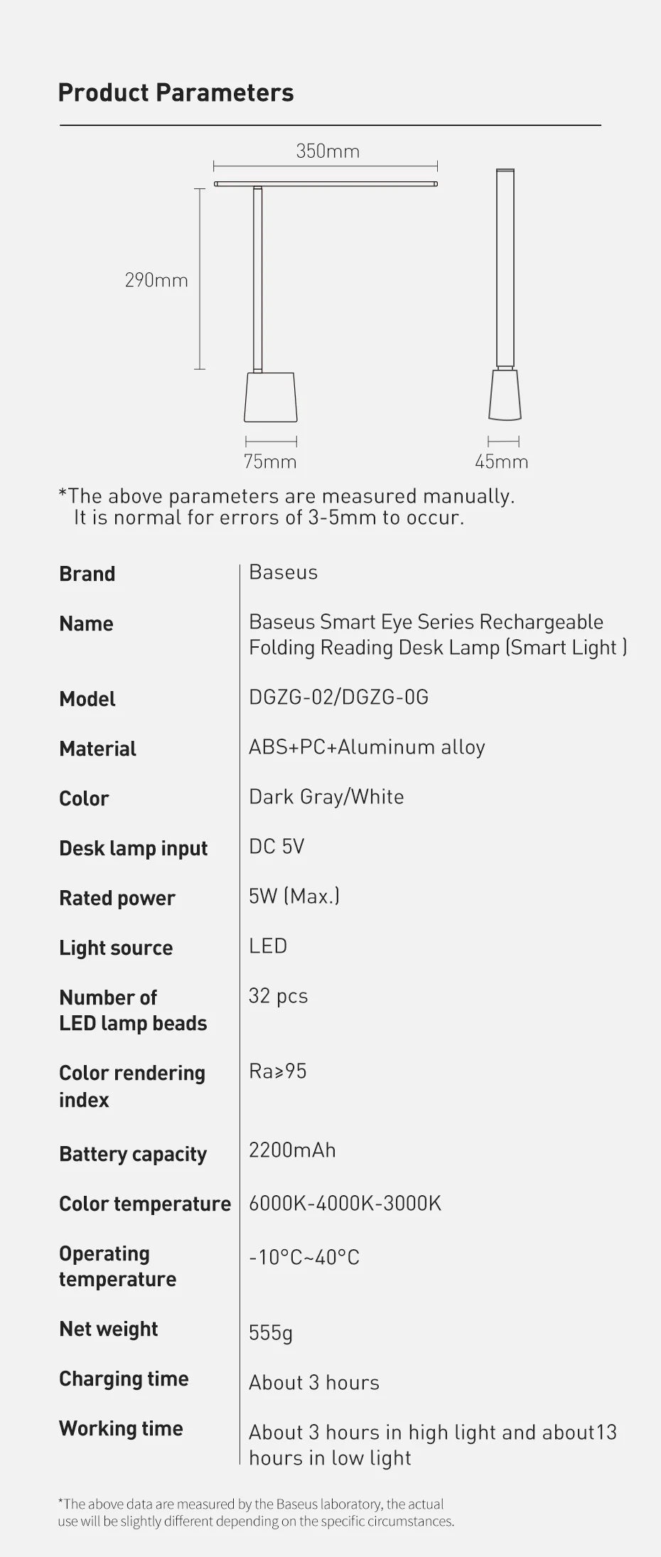 Smart rechargeable desk lamp from Baseus with adjustable arm and LED light, perfect for reading or workspace illumination.