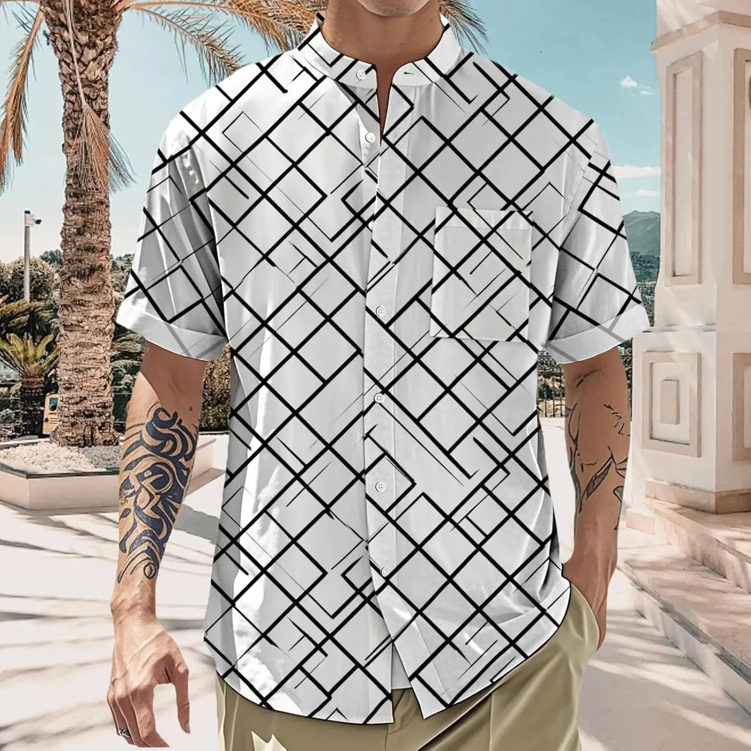 Casual men's short sleeve button-down shirt with abstract geometric print, mandarin collar, pocket, loose fit, made of 100% polyester.