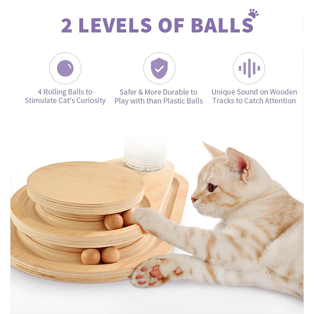 Polygon 2-level solid pine wood cat scratching tree with sisal rope posts for cats to scratch and climb.