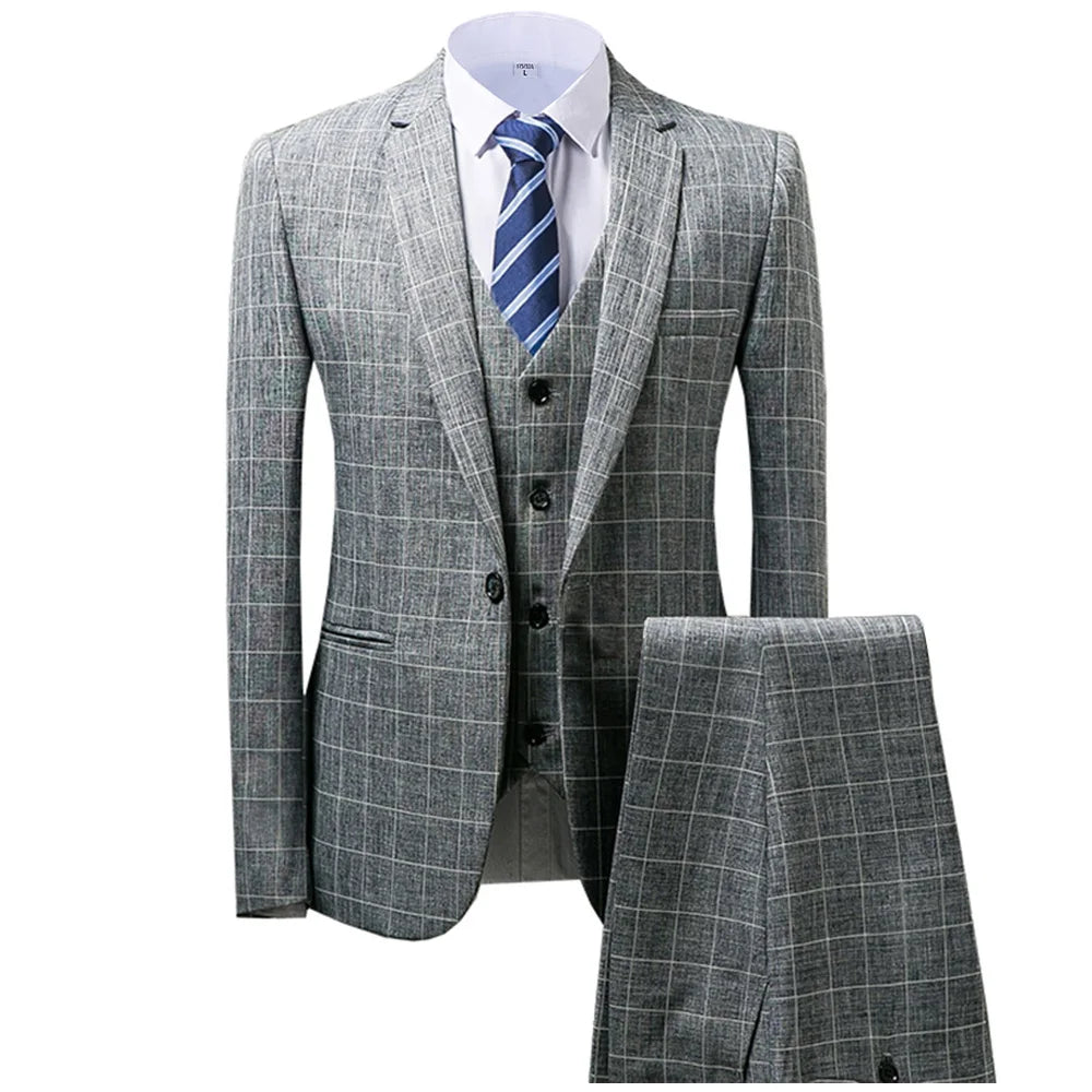 Grey/Brown Men's Suits 3 piece Plaid England Style Notched Lapel Business for Wedding Suits Men (Blazer+Vest+Pant)