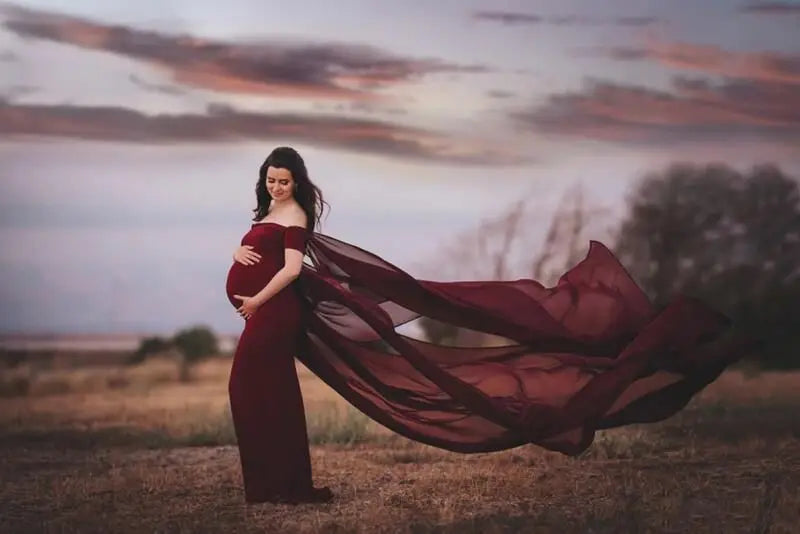Lace maternity gown by Showlu Fashion Store, long sleeve maxi dress for pregnant women, perfect for photography and pregnancy shoots.