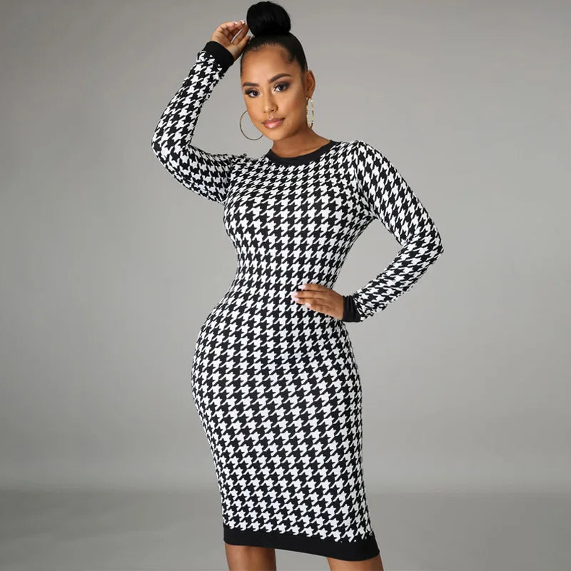 Houndstooth print women's long sleeve midi dress with hollow-out design, bodycon fit, perfect for streetwear and elegant autumn winter wear