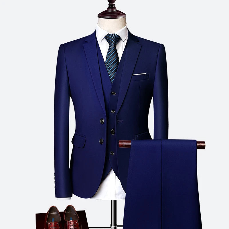 Men's wedding suit by Showlu Fashion, a classic three-piece Korean slim fit business tuxedo for formal occasions and grooms.