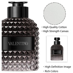 A canvas print featuring a close-up of a Valentino perfume bottle with a textured background.
