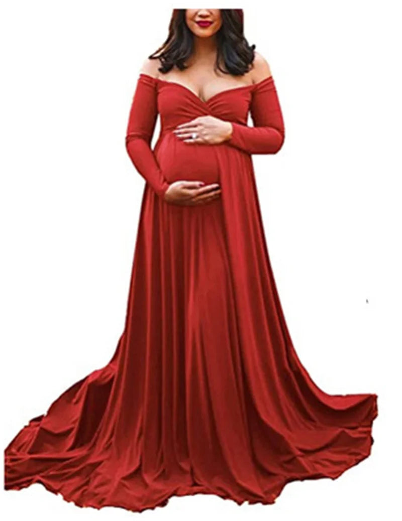 SHOWLU V-neck long sleeve maternity dress for photography and baby showers, soft fabric, fitted silhouette, elegant and comfortable.