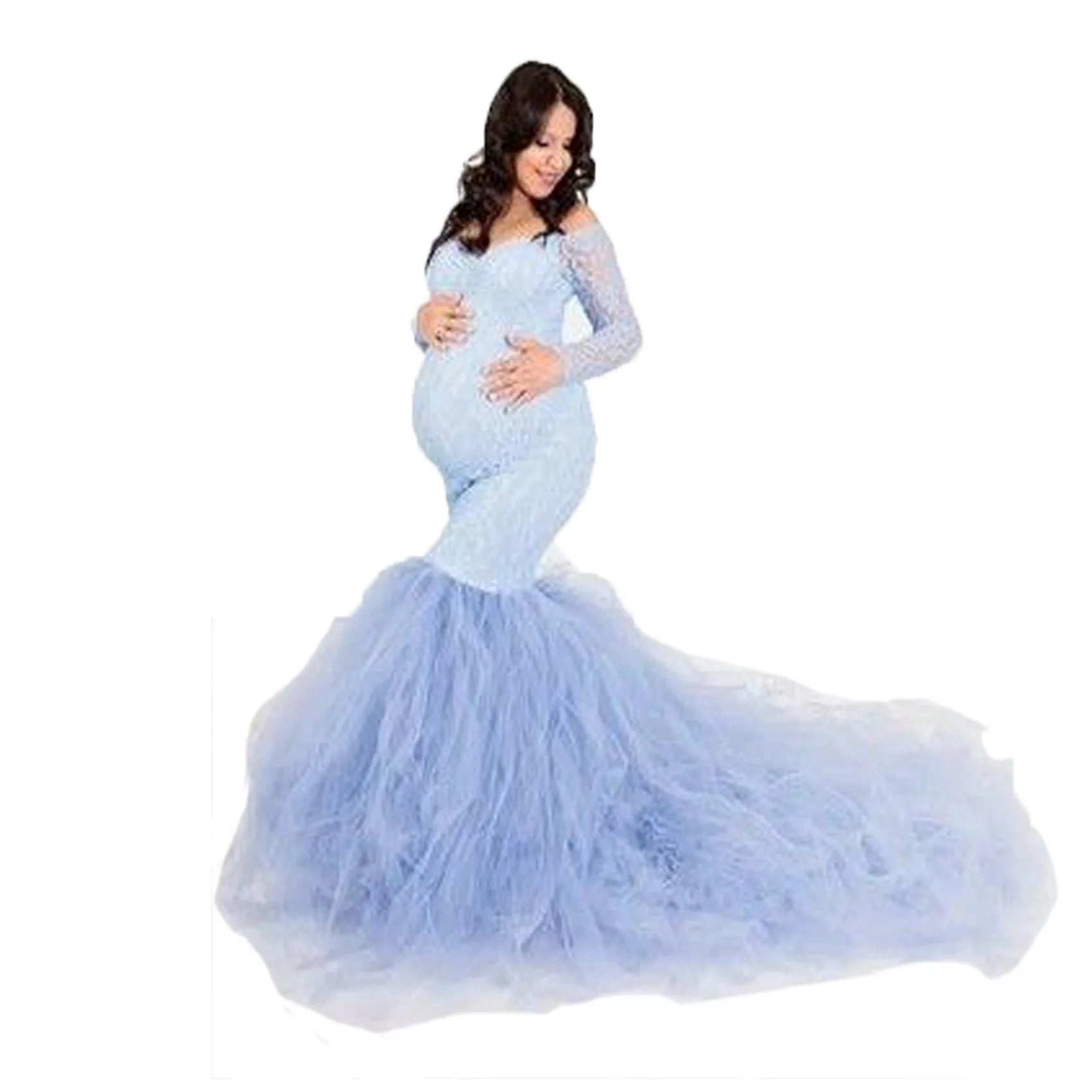 Lace maternity gown maxi dress for pregnant women, long sleeve design, perfect for pregnancy photoshoots and special occasions.