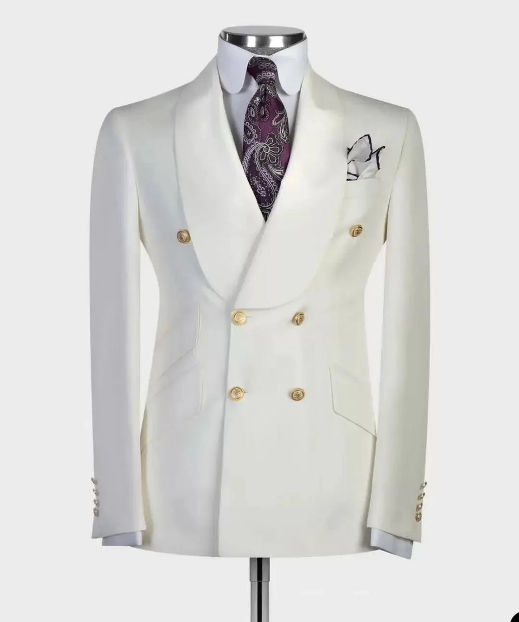 Men's white double-breasted wedding suit by Showlu Fashion, tailored with TR fabric, shown on a mannequin.
