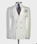 Men's white double-breasted wedding suit by Showlu Fashion, tailored with TR fabric, shown on a mannequin.