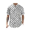 Casual men's short sleeve button-down shirt with abstract geometric print, mandarin collar, chest pocket, loose fit, polyester fabric.