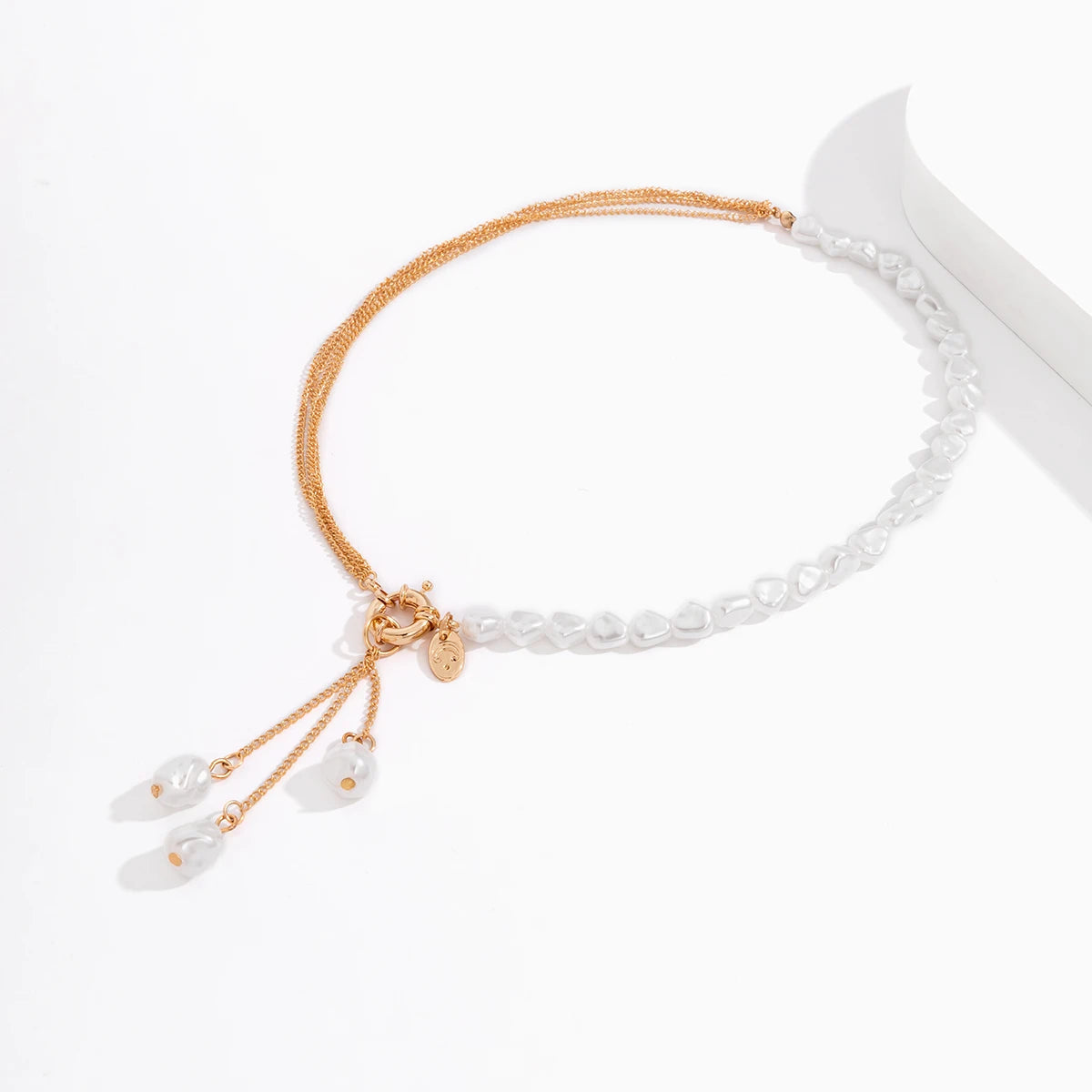 Baroque simulated pearls long tassel pendant necklace with beaded link chain for women, trendy lariat wedding jewelry.