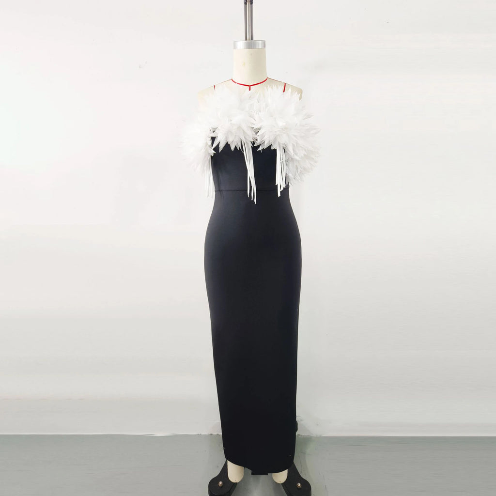 White 3D flower maxi dress by Showlu Fashion, elegant mermaid gown with slim fit and floral detailing for formal occasions.