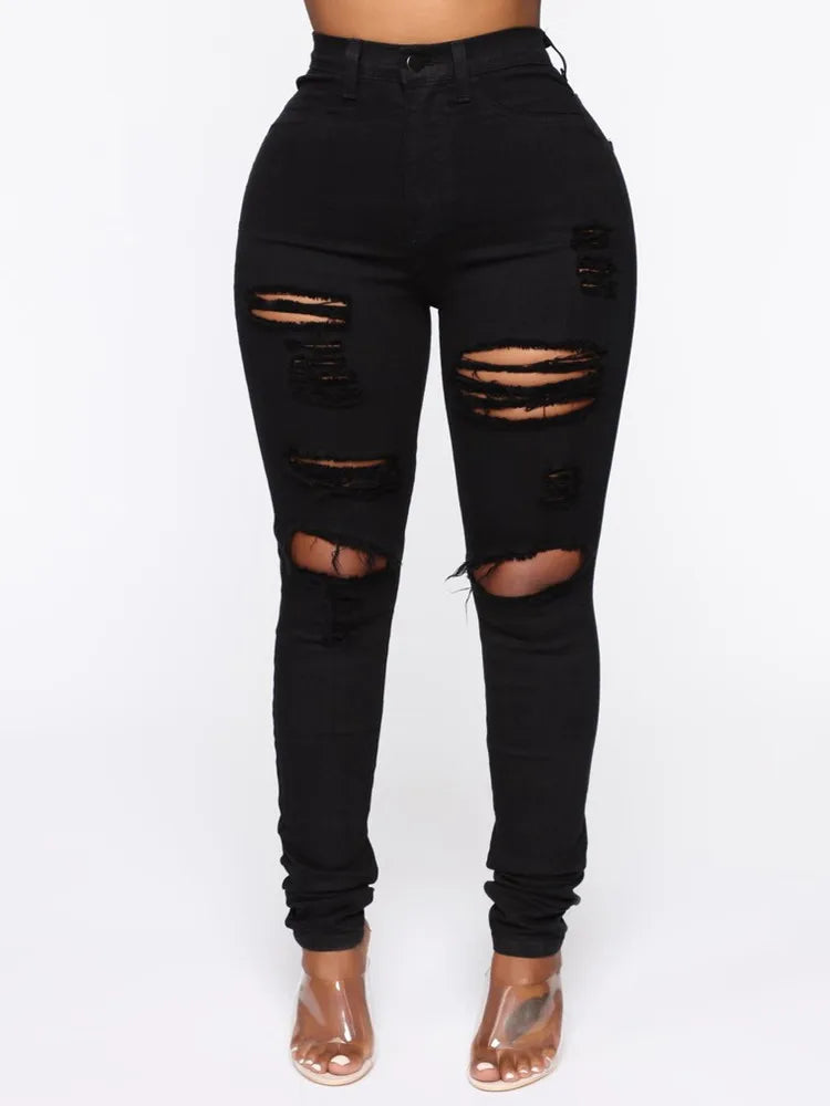 Black and white ripped skinny jeans for women, Showlu Fashion, casual stretch denim pencil pants in XS-XL size, street style denim trousers.