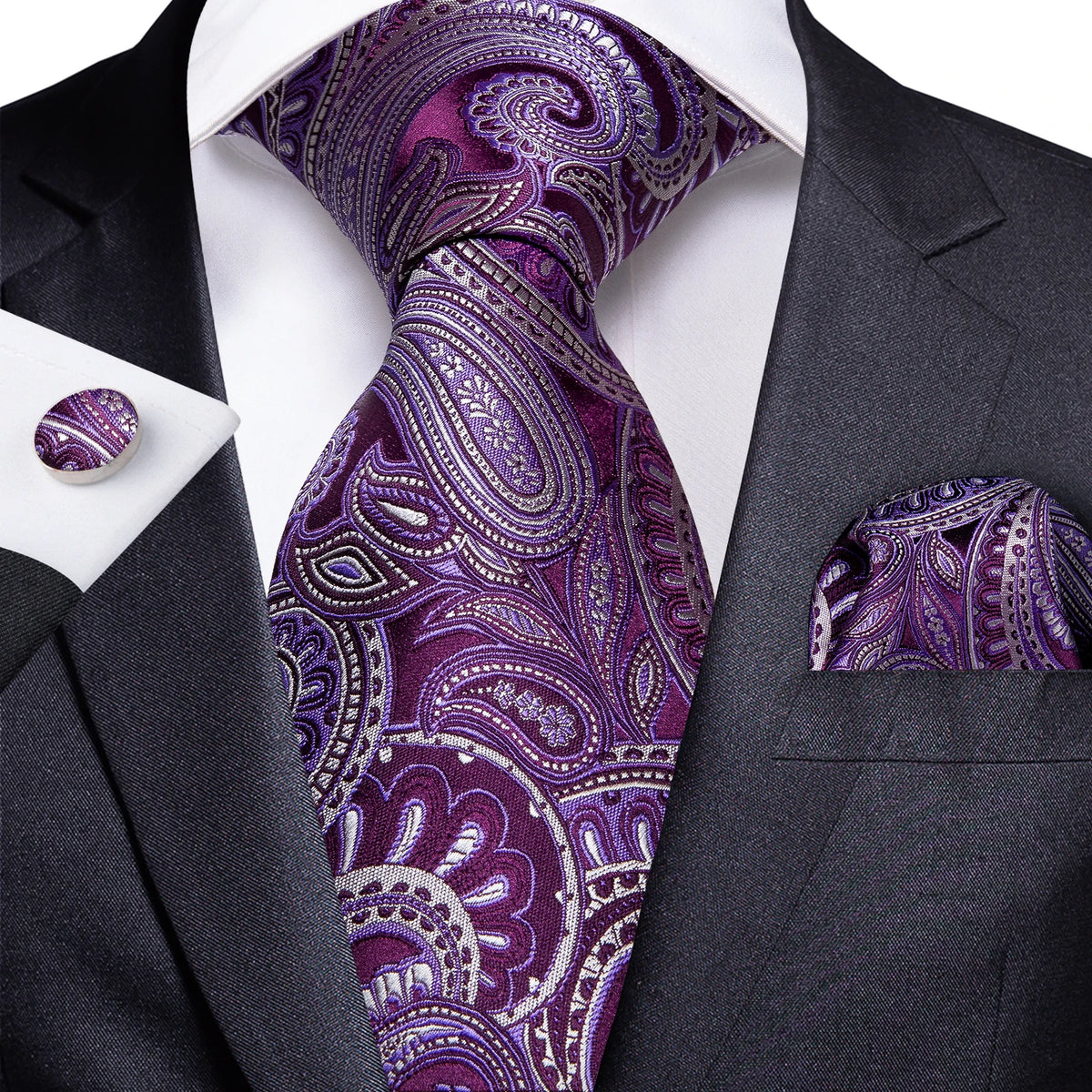 DiBanGu Ties For Men Purple Floral Paisley Necktie Business Formal 100% Silk Tie Pocket Square Set For Wedding Party Cravat