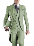 SOLOVEDRESS men's 3-piece slim fit suit with peaked lapel, wedding tuxedo, shown in black on a model.