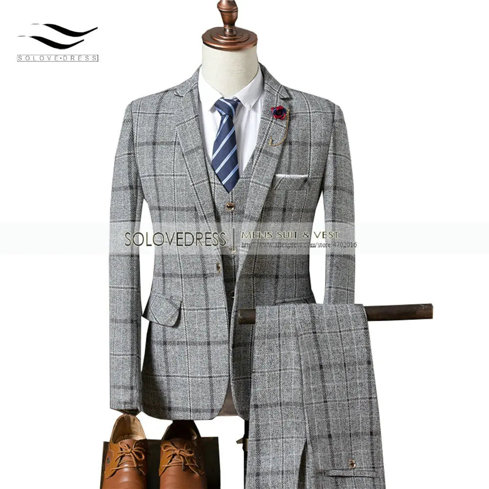 Grey/Brown Men's Suits 3 piece Plaid England Style Notched Lapel Business for Wedding Suits Men (Blazer+Vest+Pant)