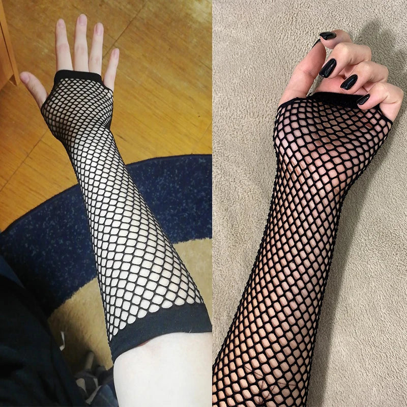 Women’s neon fishnet fingerless long gloves and arm cuffs, stylish party wear and arm warmers with a sexy, fashionable look.