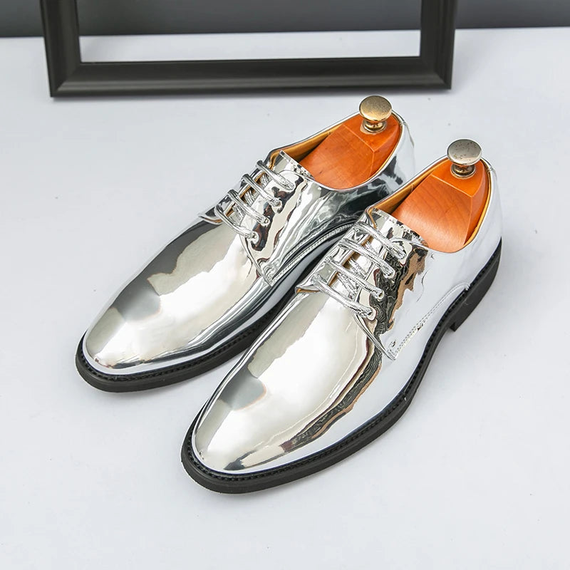 Men's large size Mirror Derby Oxford shoe with pointed toe and lace-up design, ideal for business or wedding occasions.