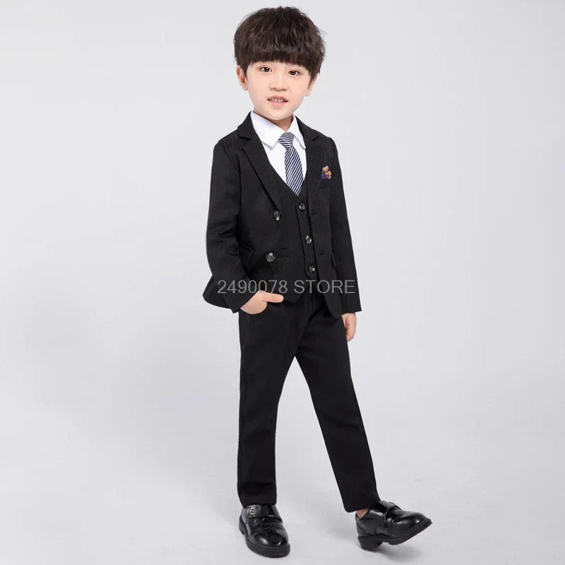 Kids tuxedo set featuring a boys' formal plaid wedding suit with jacket, vest, pants, and bow tie from SHOWLU FASHION STORE.