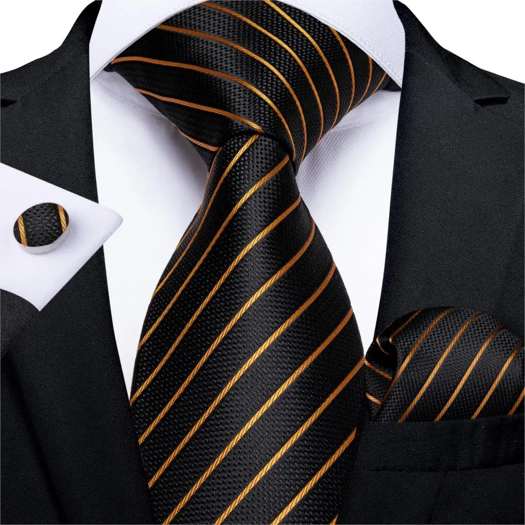 Gift Men Tie Luxury Gold Black Striped Paisley Silk Wedding Tie For Men DiBanGu Designer Hanky Cufflinks Fashion Tie Set
